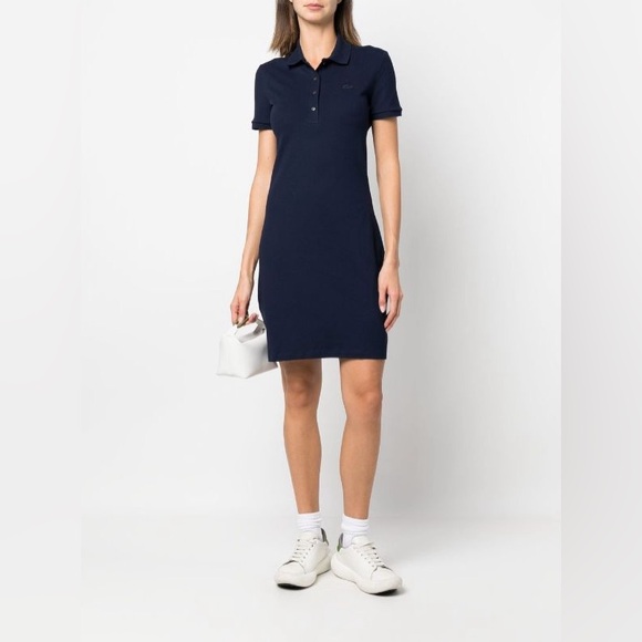 Lacoste Short Sleeve Slim Fit Stretch logo-patch Polo Dress Navy Sz 34 Farfetch - Picture 1 of 11